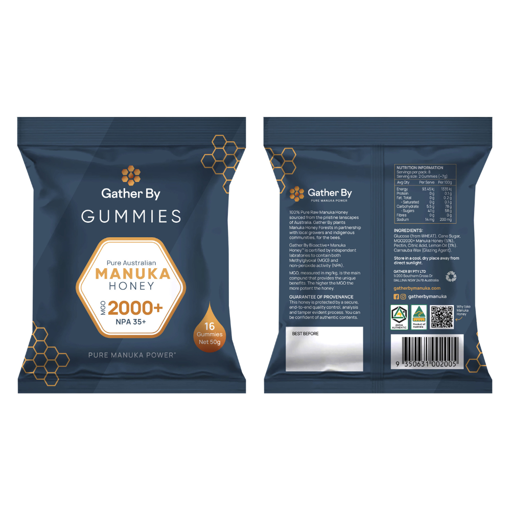 picture of front and back of mgo2000+ manuka honey gummies pack