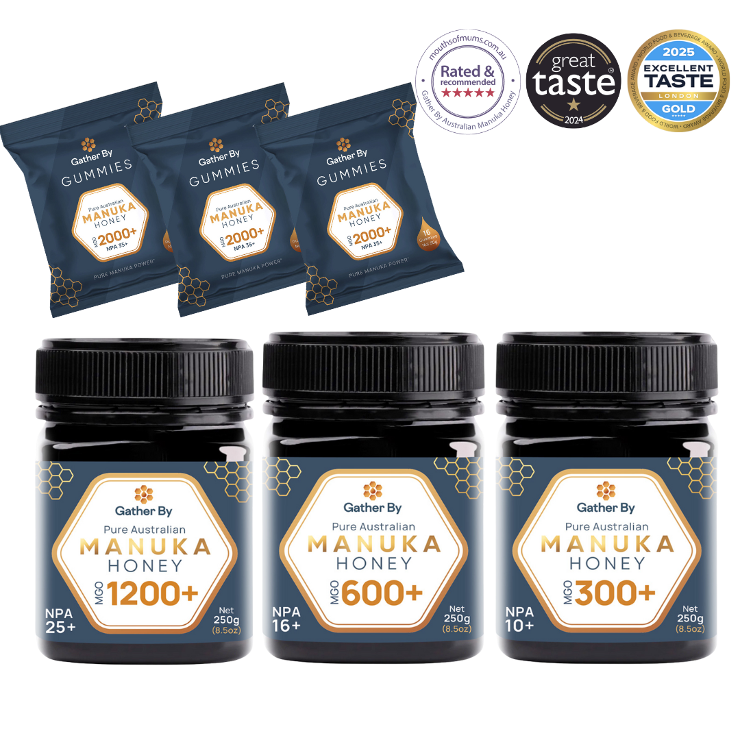 manuka honey bundle special image mgo 1200, 600 and 300 plus 3 packs of gummies
