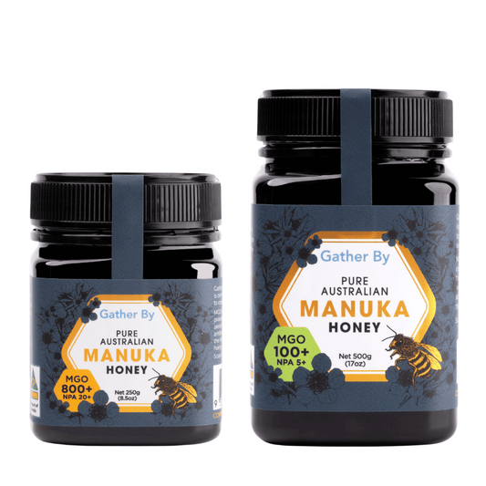2 jars of gather by manuka honey next to each other mgo 100 plus and mgo 800 plus
